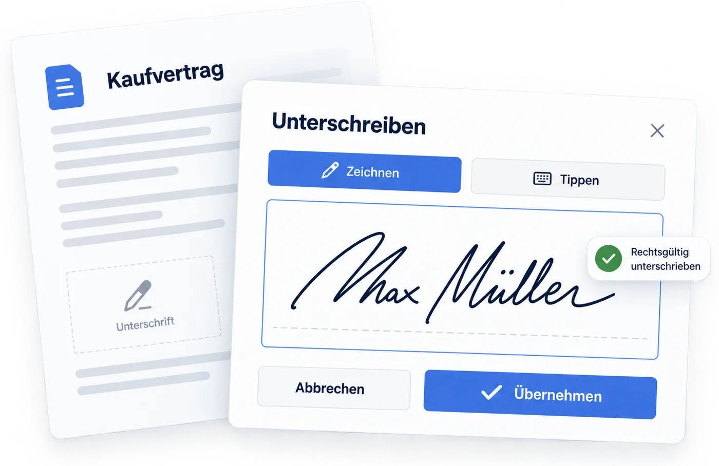 SmartDocs-Signaturansicht: ein Kaufvertrag mit Unterschriftsfeld, davor das Unterschreiben-Fenster mit den Optionen Zeichnen und Tippen und der Bestätigung „Rechtsgültig unterschrieben“