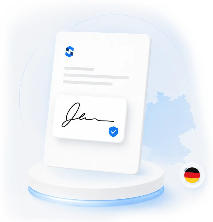 Dokument mit handschriftlicher Unterschrift und Sicherheitssiegel vor einer Deutschlandkarte
