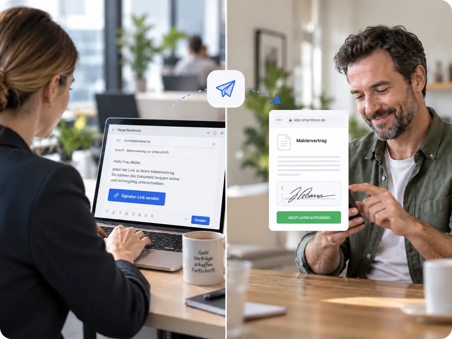 Links verschickt eine Maklerin am Laptop den Signatur-Link zum Maklervertrag, rechts unterschreibt der Kunde ihn auf seinem Smartphone