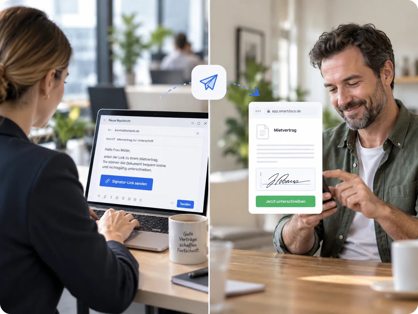 Links verschickt eine Selbstständige am Laptop einen Signatur-Link, rechts unterschreibt der Kunde das Dokument auf seinem Smartphone