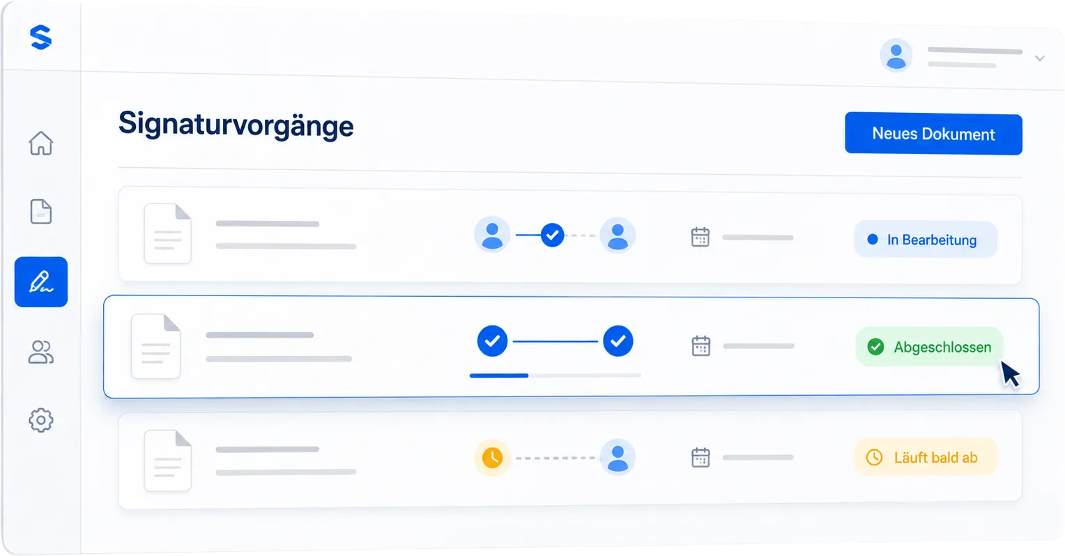 Übersicht der Signaturvorgänge in SmartDocs mit dem Fortschritt je Unterzeichnendem und den Status „In Bearbeitung“, „Abgeschlossen“ und „Läuft bald ab“