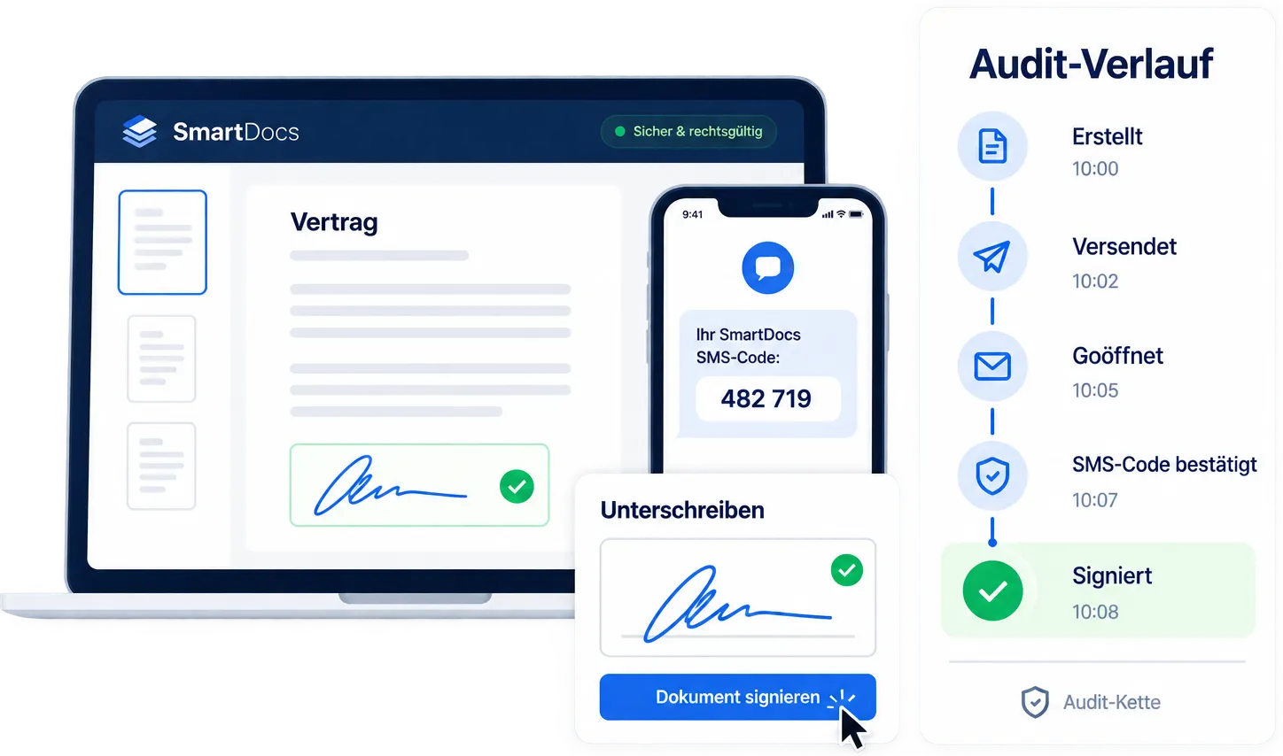 Ein Signaturvorgang in SmartDocs: der Vertrag mit gesetzter Unterschrift am Laptop, der SMS-Code auf dem Smartphone und der Audit-Verlauf von Erstellt bis Signiert