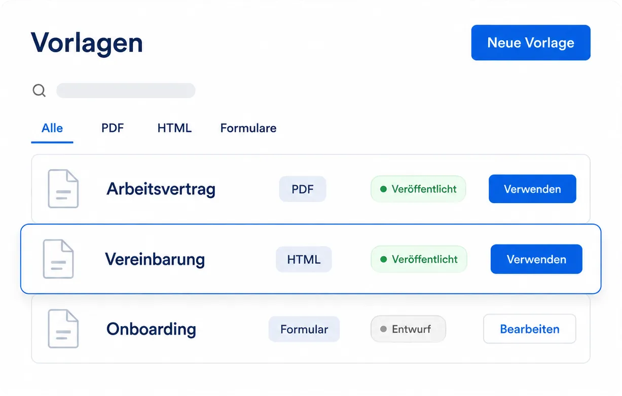 Vorlagenübersicht in SmartDocs mit den Reitern Alle, PDF, HTML und Formulare sowie den Vorlagen Arbeitsvertrag, Vereinbarung und Onboarding